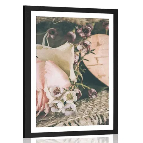 Květiny Plakát s paspartou růže a srdíčko v jute