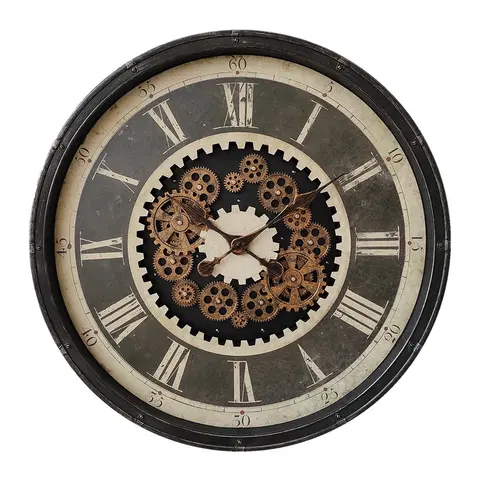 Hodiny Černé antik nástěnné hodiny s ozubenými kolečky - Ø 76*8 cm / 3*AA Clayre & Eef 5KL0219