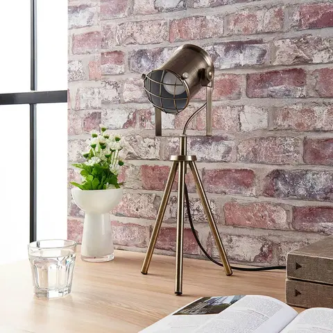 Stolní lampy Lindby Industriální stolní lampa Ebbi, starožitná mosaz