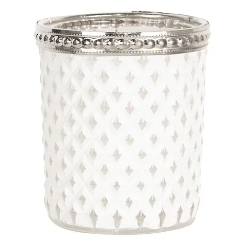 Svícny Bílý skleněný svícen na čajovou svíčku s kovovým zdobením - Ø  6*7 cm Clayre & Eef 6GL2622