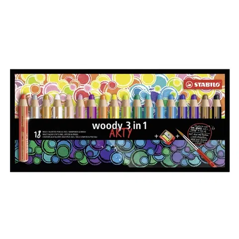 Hračky STABILO - Pastelky woody 3 v 1 ARTY- barvička, vdodovka, voskovka- 18 ks + ořezávátko+štětec