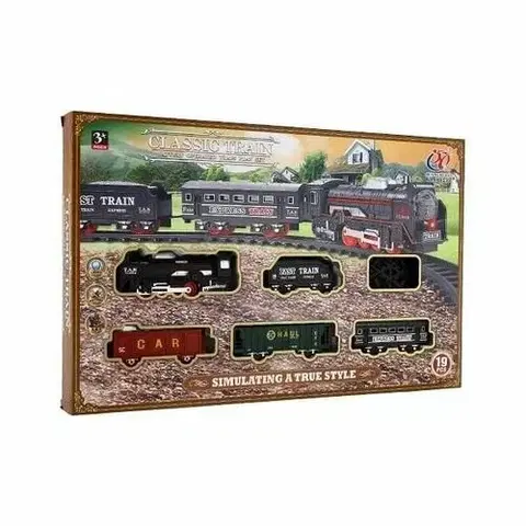 Dřevěné vláčky Teddies Sada vlaku Lokomotiva se 4 vagóny a kolejemi, 19 ks, se světlem