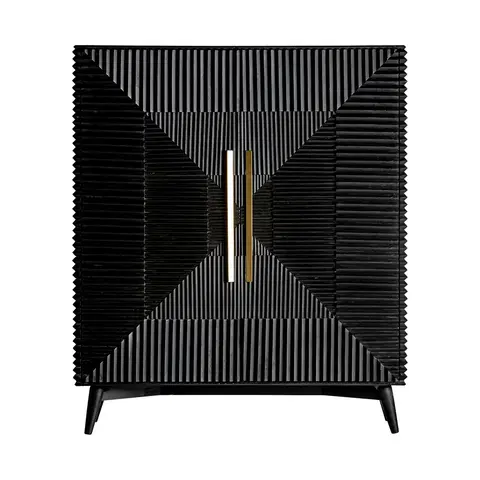 Stylové designové skříně Estila Exkluzivní šatní skříň Plissé Nero z černého masivního dřeva se dvěma dvířky a rukojeťmi ve zlaté barvě 160cm