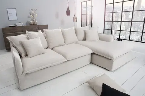 Luxusní a designové sedačky Estila Moderní rohová sedačka Heaven do obývacího pokoje s čalouněním z přírodního lnu bílé barvy 255cm