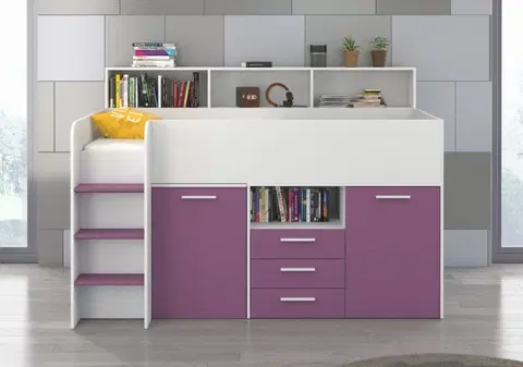 Dětský pokoj ArtCross Dětská vyvýšená postel NEO | levá barevné provedení: biela / fialová