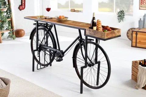 Luxusní barový nábytek Estila Industriální designový barový pult Bicycle s masivní deskou a černou podstavou s koly 194cm