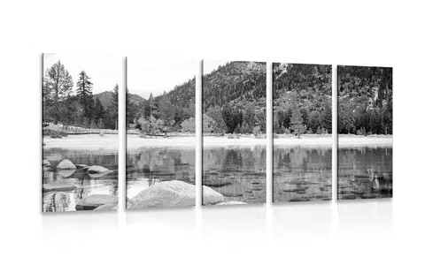 Černobílé obrazy 5-dílný obraz jezero v nádherné přírodě v černobílém provedení