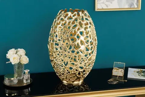 Luxusní a designové vázy a láhve Estila Dizajnová art deco váza Hoja zlatej farby s konštrukciou z kovu 50cm