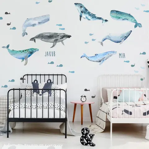 Samolepky na zeď Dětské samolepky na zeď - Samolepicí tapeta s velrybami a jménem