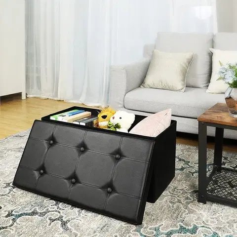 Taburety Úložný sedací box čalouněný černý 76 x 38 x 38 cm