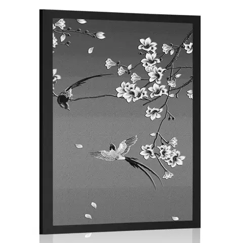 Černobílé Plakát černobílé ptáčci na větve stromu