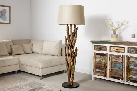 Designové a luxusní stojící lampy Estila Luxusní venkovská stojací lampa Pole s naturální hnědou podstavou z teakového dřeva a béžovým stínítkem 150 cm