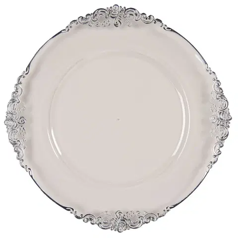 Talíře Transparentní servírovací talíř se stříbrným okrajem a zdobením - Ø 33*2 cm Clayre & Eef 65239ZI