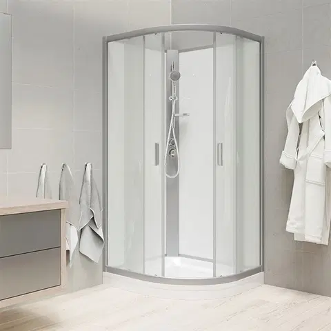 Sprchové vaničky MEREO Sprchový box, čtvrtkruh, 80 cm, satin ALU, sklo Point, zadní stěny bílé, litá vanička, bez stříšky CK35172KMW