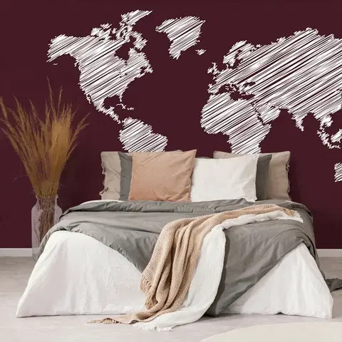 Tapety mapy Tapeta šrafovaná mapa světa na bordovém pozadí