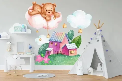 Zvířátka Nálepka na zeď pro děti pohádkový domeček a medvídek