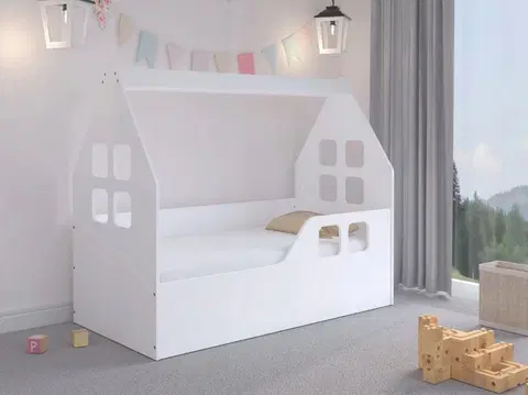 Dětské postele Kvalitní dětská postel 140 x 70 cm bílé barvy ve tvaru domečku