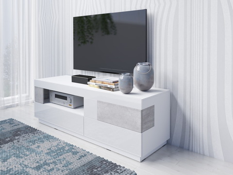 TV stolky SCHIAHOT televizní stolek 2S1V, bílá/bílý lesk/beton colorado