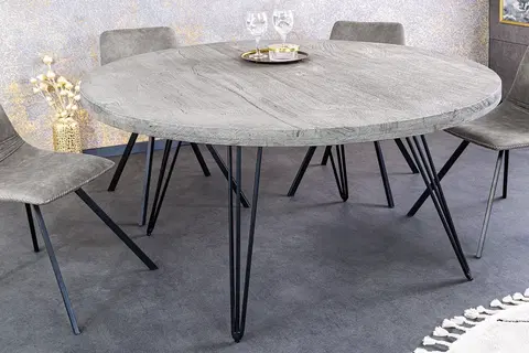 Designové a luxusní jídelní stoly Estila Industriální kulatý jídelní stůl Moonlight s vrchní deskou z mangového masivu ve světlém šedém zpracování 120 cm