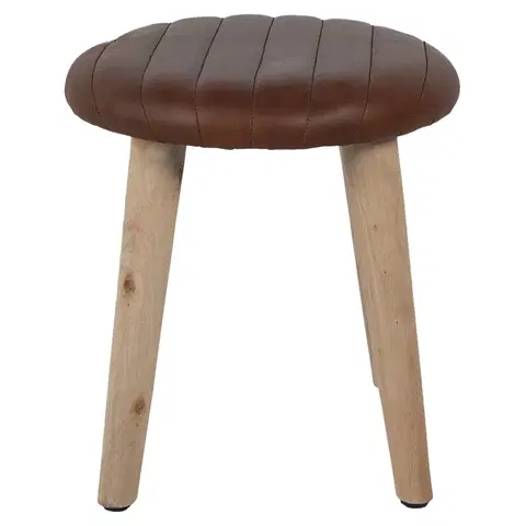 Stoličky Hnědá kulatá kožená stolička s dřevěnými nohami Marien - Ø36*40 cm Clayre & Eef 60958
