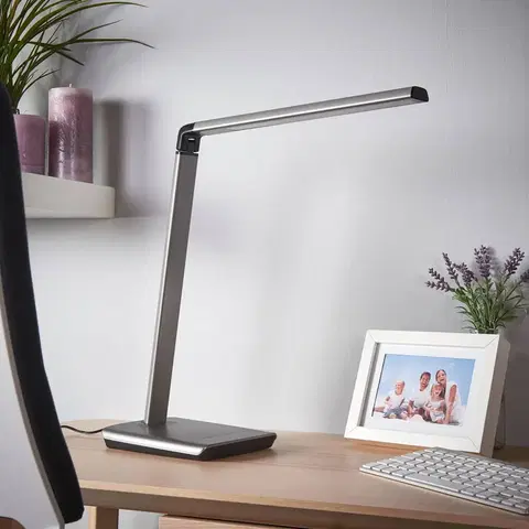 Stolní lampy kancelářské Lindby Stolní LED lampa Lindby Kuno, šedá, USB, dotykový stmívač