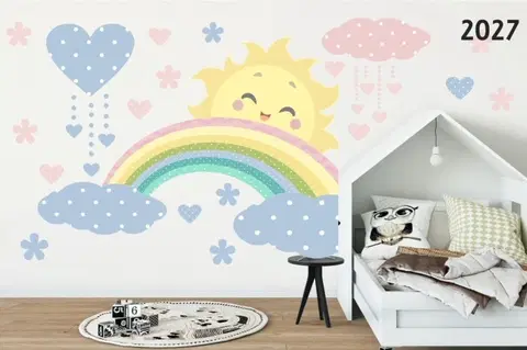 Zvířátka Krásná nálepka na zeď v pastelových barvách sluníčko duha a mraky