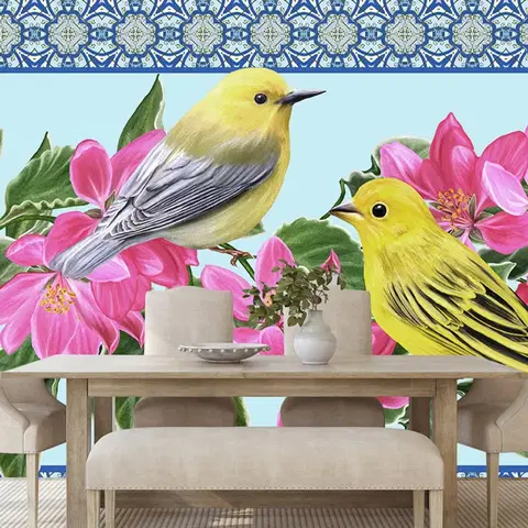 Vintage a retro tapety Tapeta vtáčiky a kvety vo vintage prevedení