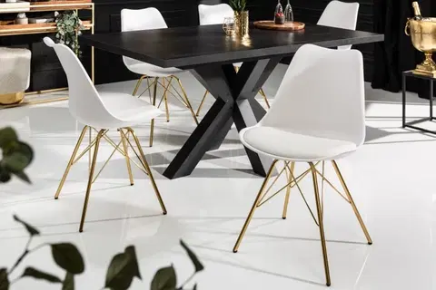 Luxusní jídelní židle Estila Art-deco bílá jídelní židle Scandinavia z eko kůže s kovovými nožičkami ve zlaté barvě 85cm