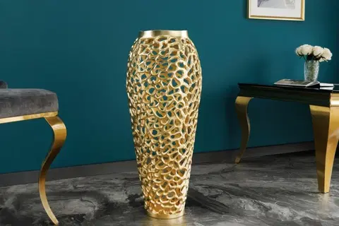 Luxusní a designové vázy a láhve Estila Art deco designová váza Hoja ve zlatém provedení s kovovou konstrukcí 90cm