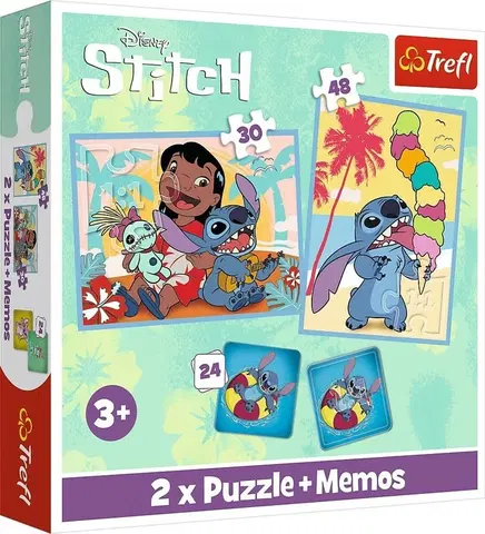 Hračky puzzle TREFL - Sada 3v1 Lilo&Stitch: Šťastný den (2x puzzle + pexeso)