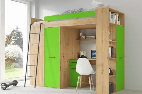 Dětské postele a matrace ArtCross Dětská rohová vyvýšená postel VERANA | dub artisan/zelená Barva: Ľavá