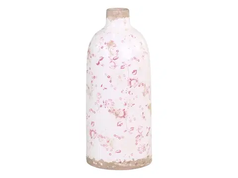 Dekorativní vázy Keramická dekorační váza s růžovými kvítky Floral Cannes - Ø 11*26cm Chic Antique 65518-19