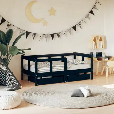 Dětské pokoje Dětská postel se zásuvkami černá 70x140 cm masivní borové dřevo