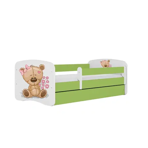 Dětské postýlky Kocot kids Dětská postel Babydreams méďa s kytičkami zelená, varianta 70x140, se šuplíky, bez matrace