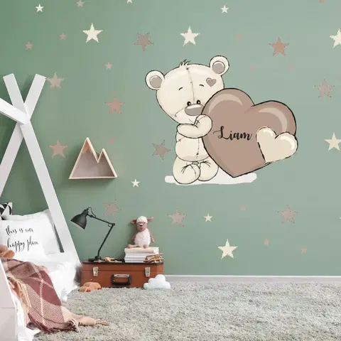 Samolepky na zeď Samolepka na stěnu pro deti - Medvídek se jménem a srdíčkem krémový