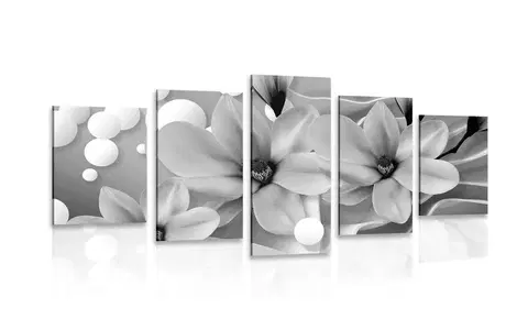 Černobílé obrazy 5-dílný obraz černobílá magnólie na abstraktním pozadí