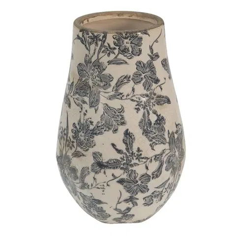 Dekorativní vázy Keramická dekorační váza se šedými květy Mell French M - Ø13*20 cm Clayre & Eef 6CE1445M