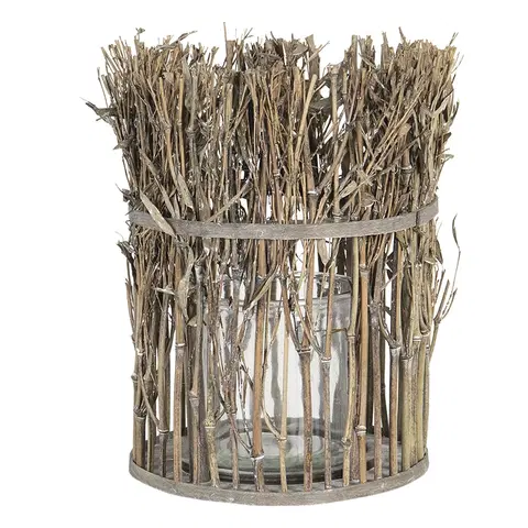 Zahradní lampy Lucerna se skleněným válcem z bambusových stonků s listy – Ø 21*28 cm Clayre & Eef 6RO0488