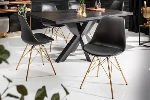 Luxusní jídelní židle Estila Art-deco černá jídelní židle Scandinavia z eko kůže s kovovými nožičkami ve zlaté barvě 85cm