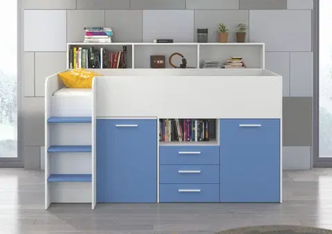 Dětský pokoj ARTBm Dětská vyvýšená postel NEO | levá barevné provedení: biela / modrá