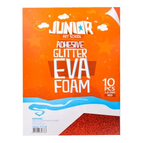 Hračky JUNIOR-ST - Dekorační pěna A4 EVA 10 ks červená samolepicí glitter 2,0 mm