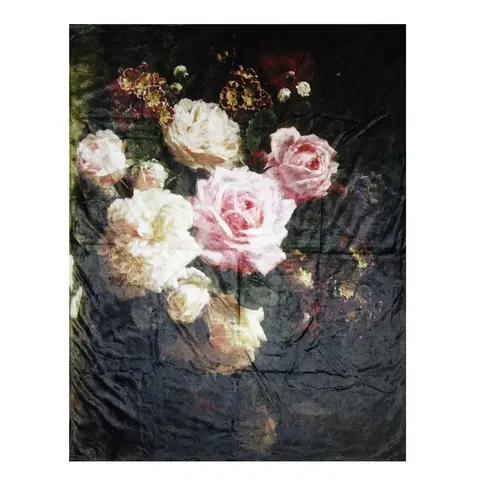 Deky Černý plyšový pléd /přehoz s květy Vintage  - 130*170 cm Clayre & Eef KT060.099